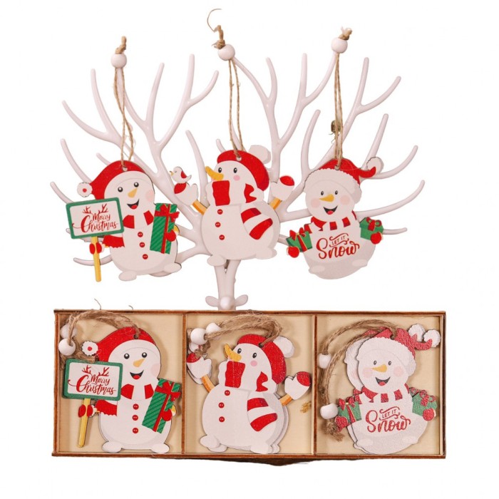 Set 9 decoratiuni de craciun din lemn, flippy, cu snur pentru agatare in brad, model oameni de zapada, 3 modele, diferite dimensiuni, multicolor