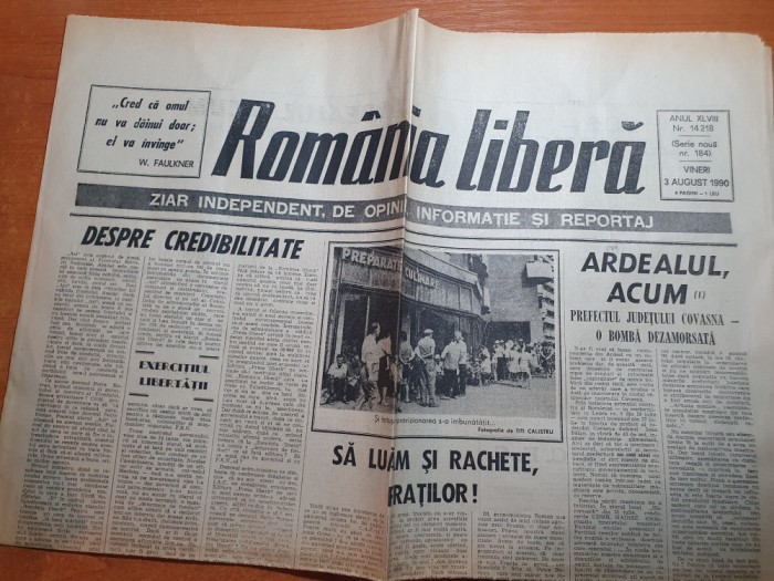 ziarul romania libera 3 august 1990-prefectul jud. covasna-o bomba dezamorsata