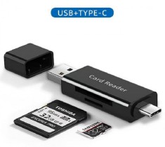 Card Reader extern all in one/Cititor de carduri, USB-A, USB-C la SD si Micro SD, Negru
