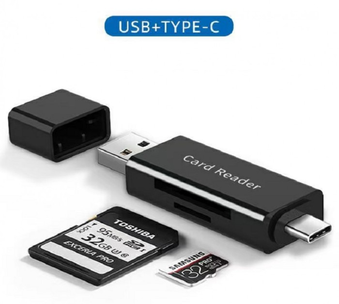 Card Reader extern all in one/Cititor de carduri, USB-A, USB-C la SD si Micro SD, Negru