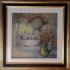 Teodor VESCU-Natură statică cu flori şi tiglăzău, pictură pe p&acirc;nză (1999)
