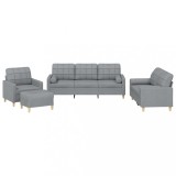 Set de canapele cu perne, 4 piese, gri deschis, material textil