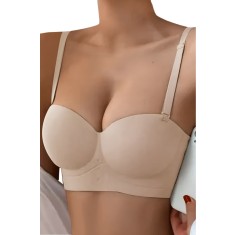 Sutien fara armaturi si fara cusaturi, Linovit&reg;, Push-up, Bretele detasabile, Sistem dublu de prindere, Ideal pentru rochii cu spatele gol, Bej - Beig