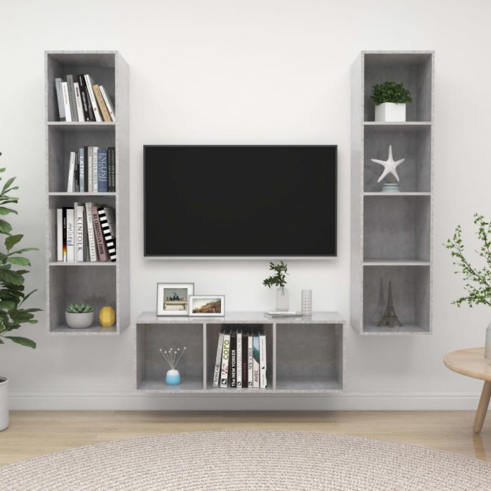 Set de dulapuri TV, 3 piese, gri beton, lemn prelucrat