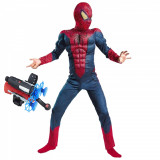 Set costum Spiderman cu muschi si lansator ventuze pentru baieti 120-130 cm 7-9 ani