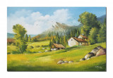 Tablou pictat manual GIGANT living, Liniste deplina, peisaj de la munte, 120x80cm ulei pe panza, gata de expus pe perete