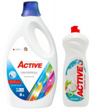 Detergent lichid Universal pentru rufe Active, 6 litri, 120 spalari + Detergent de vase lichid Active, 1 litru, cocos