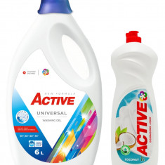 Detergent lichid Universal pentru rufe Active, 6 litri, 120 spalari + Detergent de vase lichid Active, 1 litru, cocos