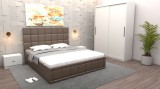 Dormitor Regal cu Pat Tapitat Maro imitatie piele cu dulap usi glisante Alb fara oglinda si fara comoda Tv