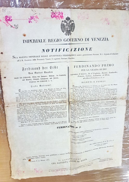 G205-I-Act imperial Austria 1835 Ferdinand 1-Guvernul Venetia- Notificare.