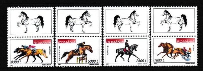 ROMANIA 2001 LP 1557 a HIPISM SERIE CU VINIETA MNH