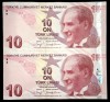TURCIA 10 LIRE 2009 ( 2022 ) prefix F [2] P- 223f , Serii Consecutive , UNC