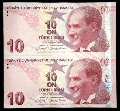 TURCIA 10 LIRE 2009 ( 2022 ) prefix F [2] P- 223f , Serii Consecutive , UNC foto