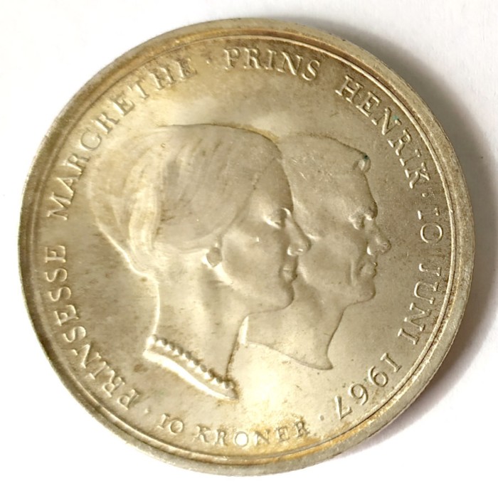 DANEMARCA 10 COROANE KRONE 1967 ARGINT PRINTII MARGRETHE SI HENRIK AUNC UNC 20
