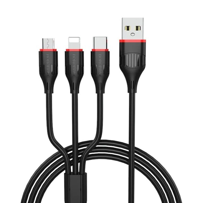 Cablu Incarcare USB tip Lightning - USB la MicroUSB - USB la USB Type-C Borofone BX17 Enjoy, 1 m, Negru