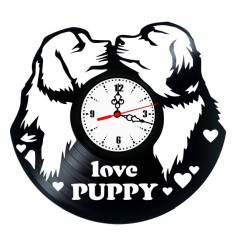 Ceas de Perete Decorativ &ldquo;Puppy Love &ndash; Cel mai bun prieten&rdquo;, din Disc Vinil Reciclat, Design Cățeluș și Inimă, Negru, Mecanism Silențios (Sweep)