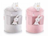 Cumpara ieftin Set 2 borcane decorative din ceramica roz gri model Iepurasi 10x17 cm