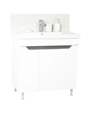 Baza si lavoar ceramic GN7561, mobilier baie stativ 80 cm, circular, front MDF, 3 usi, 2 rafturi, picioare cromate reglabile, alb/antracit