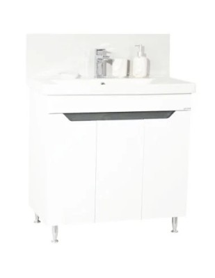 Baza si lavoar ceramic GN7561, mobilier baie stativ 80 cm, circular, front MDF, 3 usi, 2 rafturi, picioare cromate reglabile, alb/antracit foto