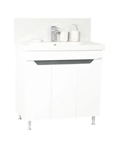 Baza si lavoar ceramic GN7561, mobilier baie stativ 80 cm, circular, front MDF, 3 usi, 2 rafturi, picioare cromate reglabile, alb/antracit
