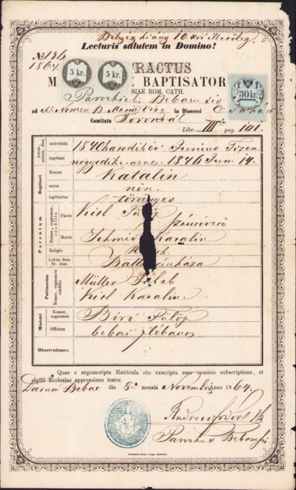 A894 Extras registru biserica romano-catolică Beba, județul Timiș, 1864