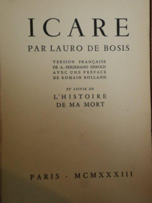 ICARE PAR LAURO DE BOSIS , VERSION FRANCAISE DE A. FERDINAND HEROLD AVEC UNE PREFACE DE ROMAIN ROLLAND foto