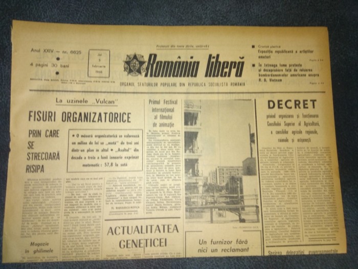 ZIARUL ROMANIA LIBERA 3 FEBRUARIE 1966