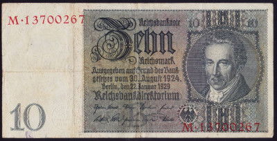 Bancnota Germania 10 Reichsmark 1929 - P180a VF ( vezi descriere ) foto