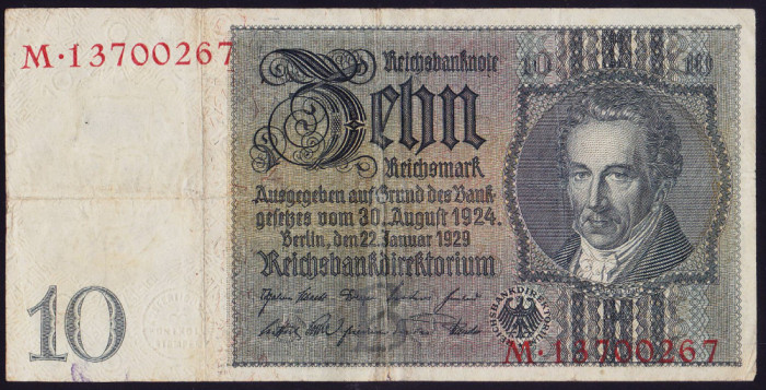 Bancnota Germania 10 Reichsmark 1929 - P180a VF ( vezi descriere )