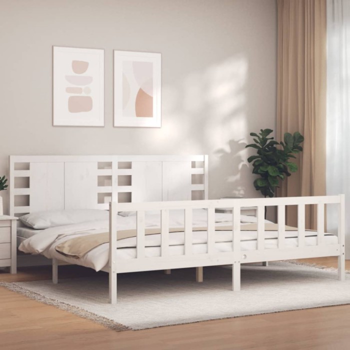 Gossi cadru pat cu tablie 200x200 cm, alb, lemn masiv
