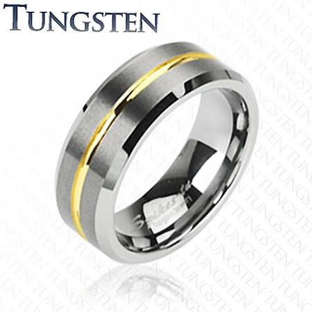 Inel din tungsten cu dungă aurie, 8 mm - Marime inel: 65