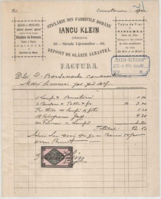 Romania, Iancu Klein, Depozit de olarie albastra, Factura, Craiova, 1902 foto