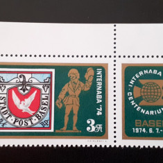 Ungaria 1974-Expo.Internaba 74,Basel,100 ani UPU,dant.cu vigneta,MNH,Mi.2956A zf