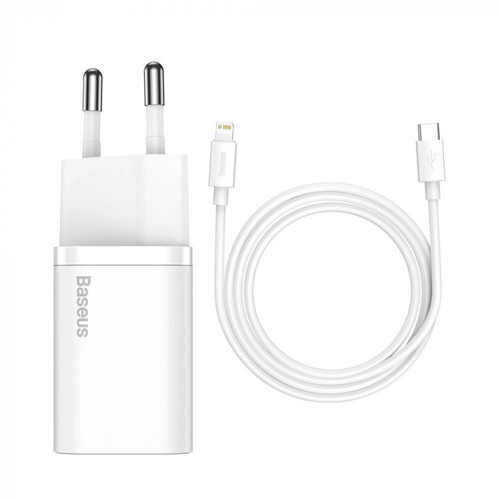 &Icirc;ncărcător rapid USB-C 20WPD + cablu USB-C - Lightning 1m alb Baseus