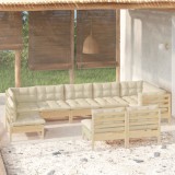 Cumpara ieftin Set mobilier grădină cu perne crem, 9 piese, lemn masiv de pin