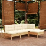 VidaXL Set mobilier grădină cu perne, 4 piese, crem, lemn de pin 3096298