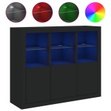 Servanta cu lumini LED, 3 buc., negru, lemn prelucrat