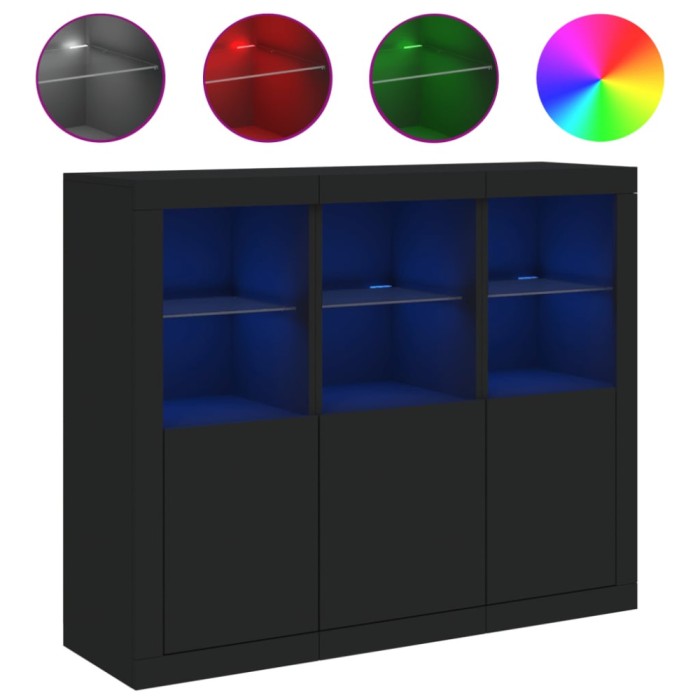 Servanta cu lumini LED, 3 buc., negru, lemn prelucrat