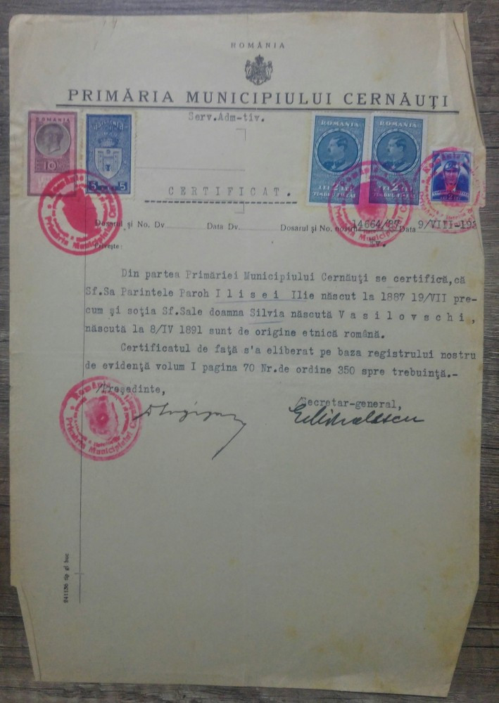 Certificat origine etnica romana/ Primaria Cernauti, 1937 | Okazii.ro