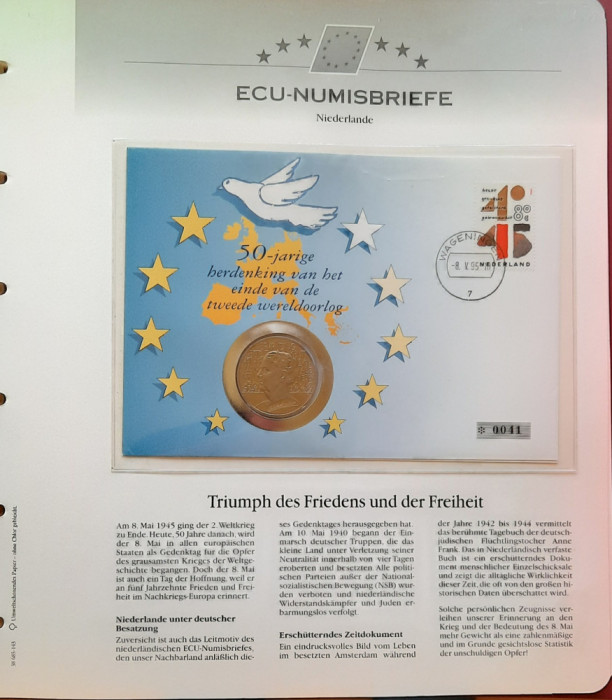 Ecu-Numisbrief, pagina numismatica filatelica, 1995, Olanda - B 4374