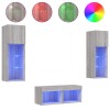 Comode TV de perete cu lumini LED, 4 piese, gri sonoma