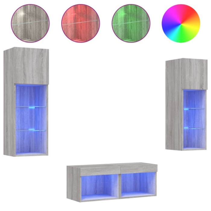 Comode TV de perete cu lumini LED, 4 piese, gri sonoma