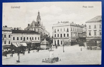 Bucovina - 1923 - Cernauti - Piata Unirii - printata, circulata, animata, 2 timbre intacte foto
