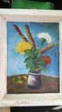 Tablou Vaza cu flori, cu rama alba, ulei pe placaj, Abstract