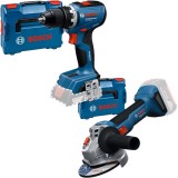 Bosch GSR 18V-65 + GWS 18V-8 - Masina de gaurit si insurubat fara acumulatori si incarcator Li-Ion 18 V - Ah 63 Nm valiza speciala + Polizor unghiular