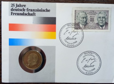 GERMANIA - FDC SI MONEDA - 2 MARK 1987, LIT J, 25 ANI PRIETENIE GERMANO-FRANCEZA foto