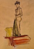 Studiu nud feminin acuarelă pe h&acirc;rtie &ndash; lucrare originală vintage, artă decorativă unicat