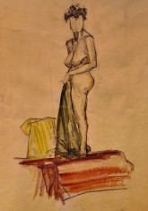 Studiu nud feminin acuarelă pe h&acirc;rtie &ndash; lucrare originală vintage, artă decorativă unicat