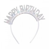 Coronita decorativa pentru petreceri, flippy, tema aniversare, model happy birthday, marime universala, argintiu