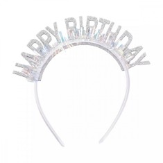 Coronita decorativa pentru petreceri, flippy, tema aniversare, model happy birthday, marime universala, argintiu